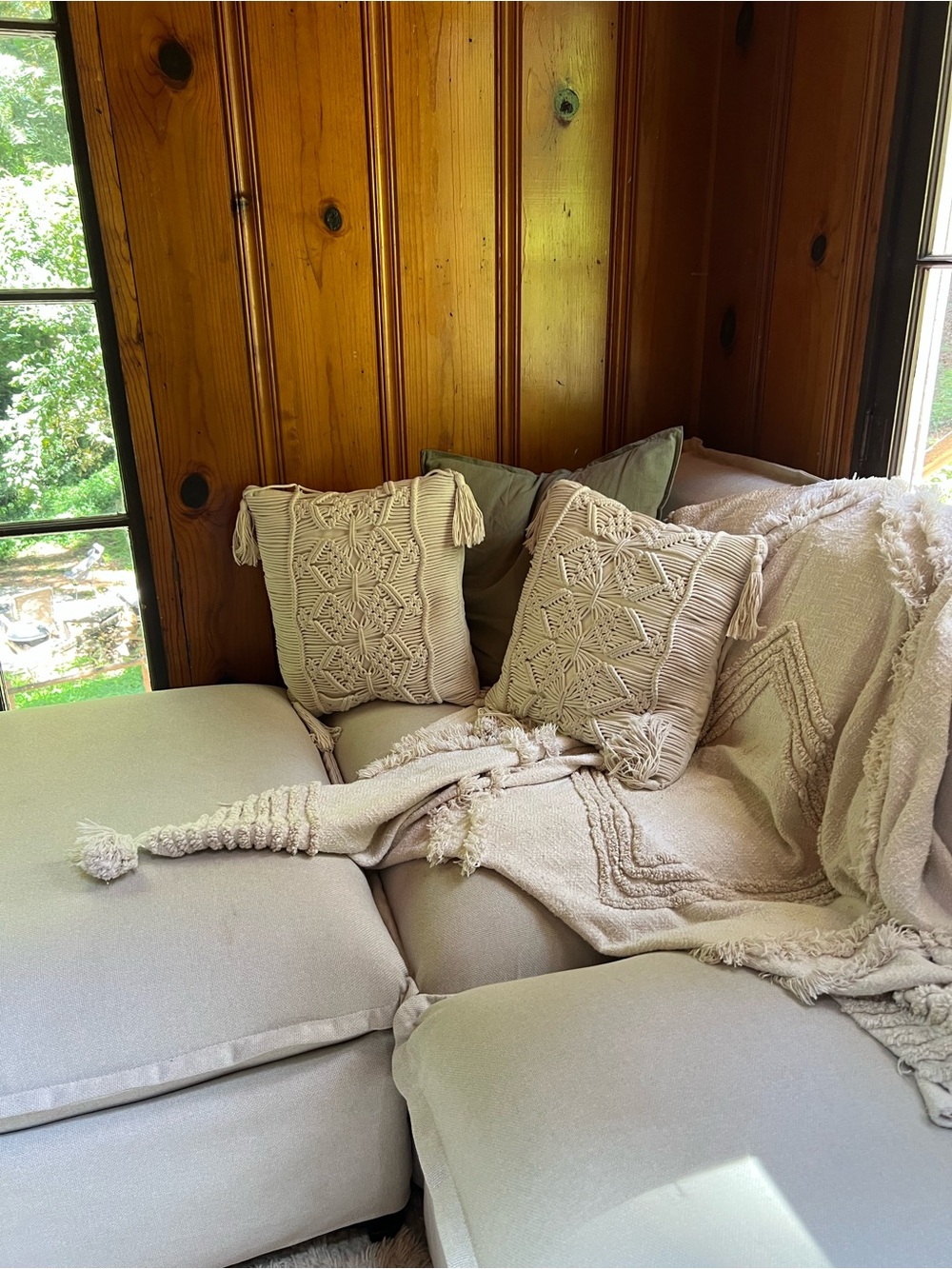 Set of 2 Cream Macrame Throw Pillow Covers 16x16 Boho Farmhouse Coastal Tassel